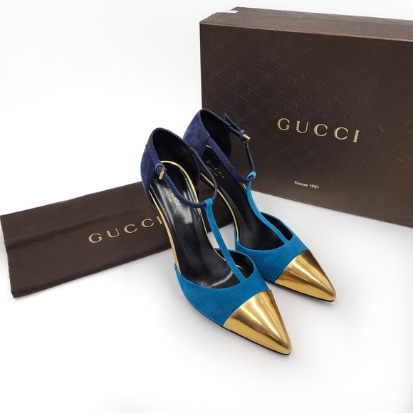 Gucci Blue Suede T-Strap Gold Cap Toe Pumps EU 37.5 - Picture 1 of 9